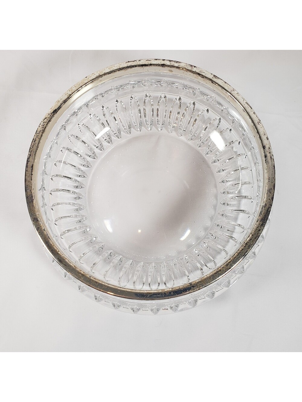 Vintage Clear Pressed Glass Dish/Bowl Silver Rim Cut Crystal Style 7.5"